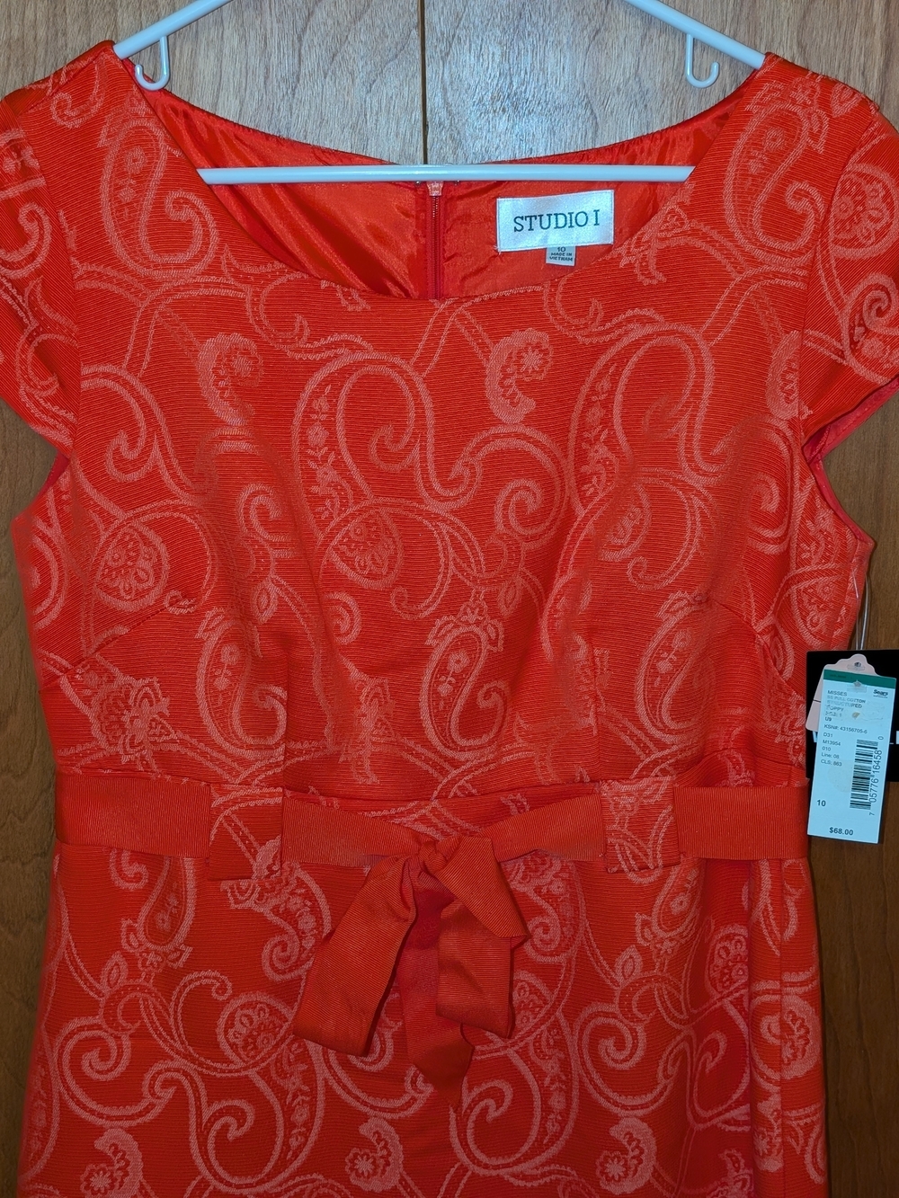 Studio I Women's Coral Paisley Jacquard Bow-Waist Dress